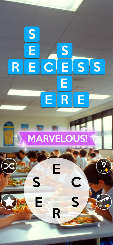 Wordscapes crossword puzzle gameplay showing the word RECESS with a school cafeteria background
