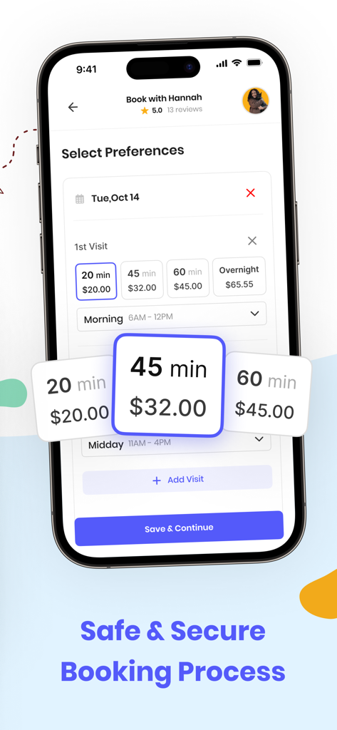 Meowtel: In-Home Cat Sitting - Meowtel app booking screen showing cat sitting visit options with different durations and prices.