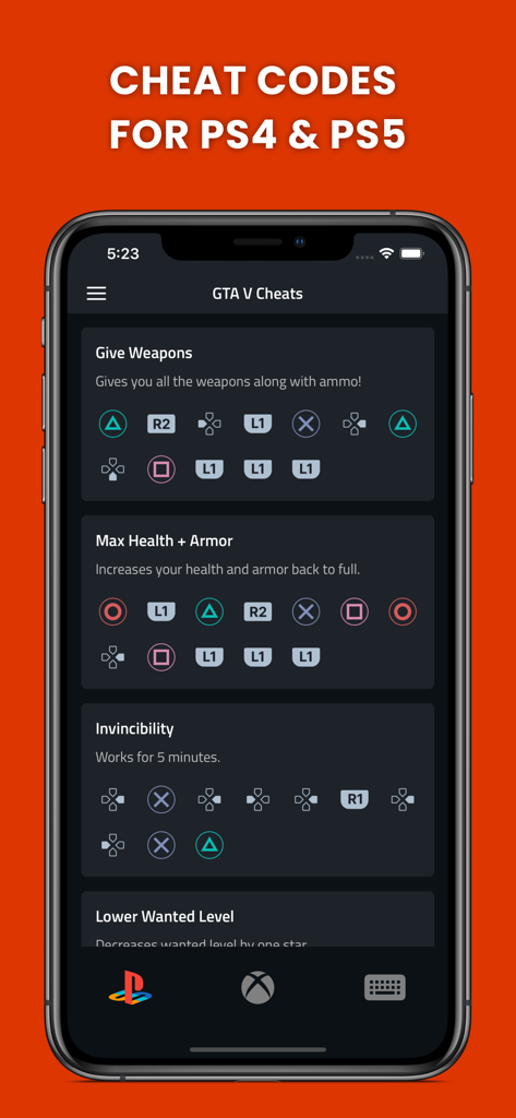Cheats for GTA 5 - PS5,Xbox,PC - Interfaccia dell'app mobile che mostra i codici cheat di GTA 5 per le console PlayStation 5 e PlayStation 4.