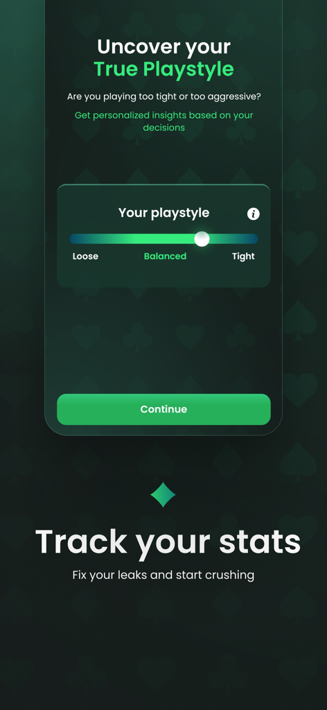 GTO Poker Trainer - Preflop AI - Una schermata di un'app mobile che mostra un analizzatore di stile di gioco del poker con un cursore che indica se un giocatore è sbilanciato o stretto.