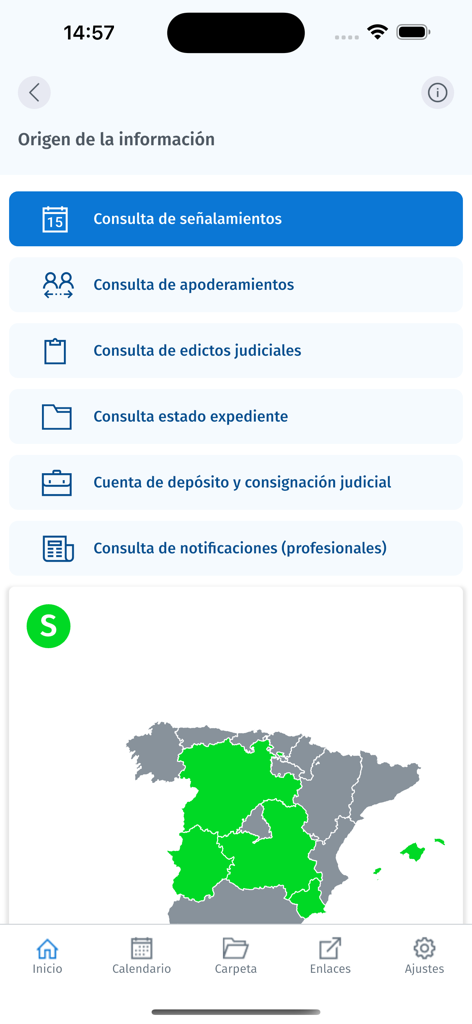 Carpeta Justicia - Carpeta Justicia app menu showing judicial consultation options and a map of Spain.