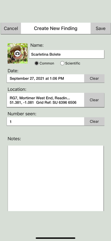 Mushrooms & other Fungi UK - App interface showing a form to record a new mushroom finding with details like location and date.