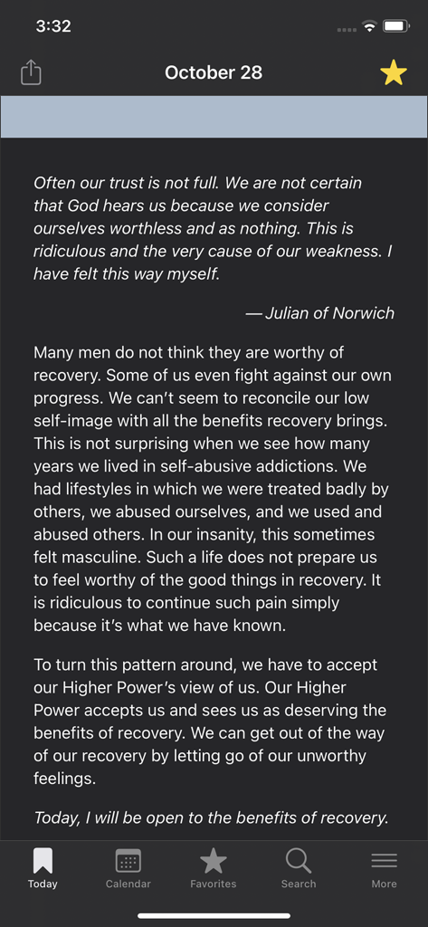 Touchstones - A daily meditation screen in the Touchstones app showing a recovery reading for October 28 in dark mode.