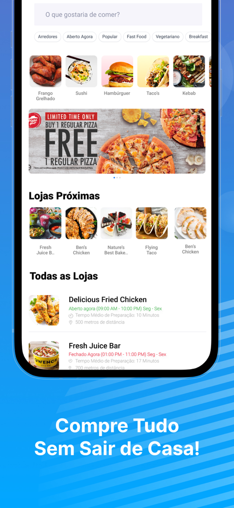 Interfaz del marketplace de entrega de comida de la super app VOLET en portugués