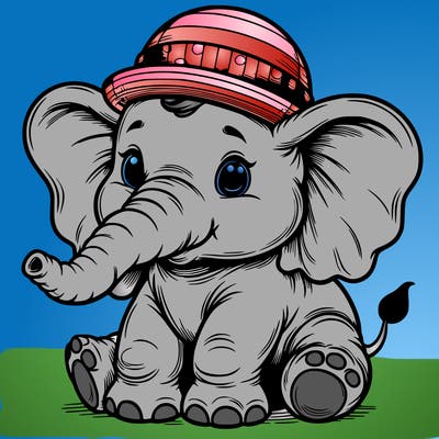 a baby elephant with huge heats and a little hat realistic