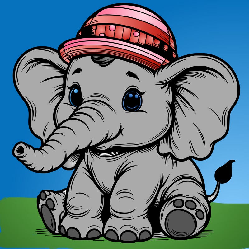 a baby elephant with huge heats and a little hat realistic