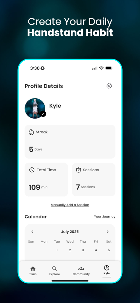 Pantalla de perfil de la aplicación Handstand Coach que muestra rachas de entrenamiento, tiempo total de entrenamiento y un calendario de actividad mensual