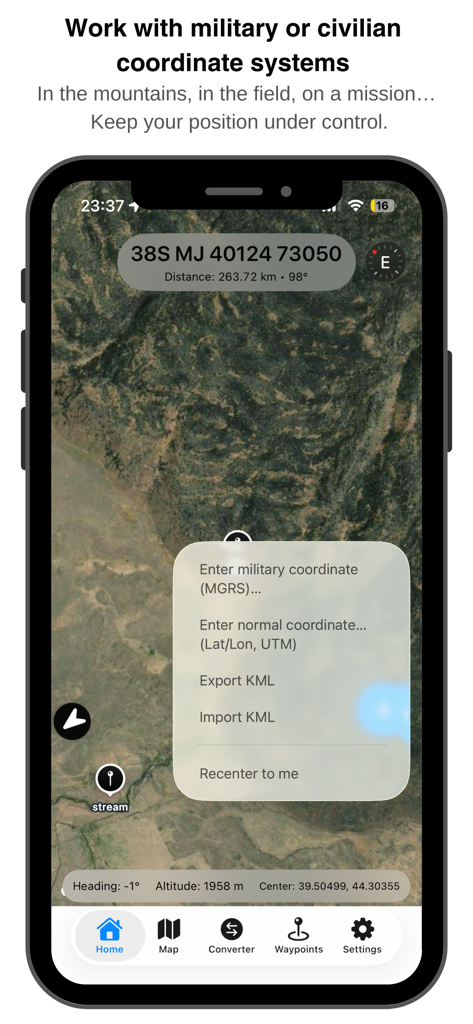 MGRS GPS Mapper app interface showing satellite map and coordinate entry menu