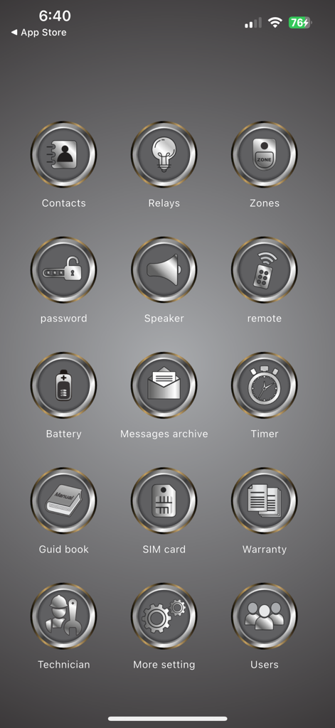 zero-z1 - Settings dashboard of the zero-z1 security app featuring metallic icons for system configuration and user management