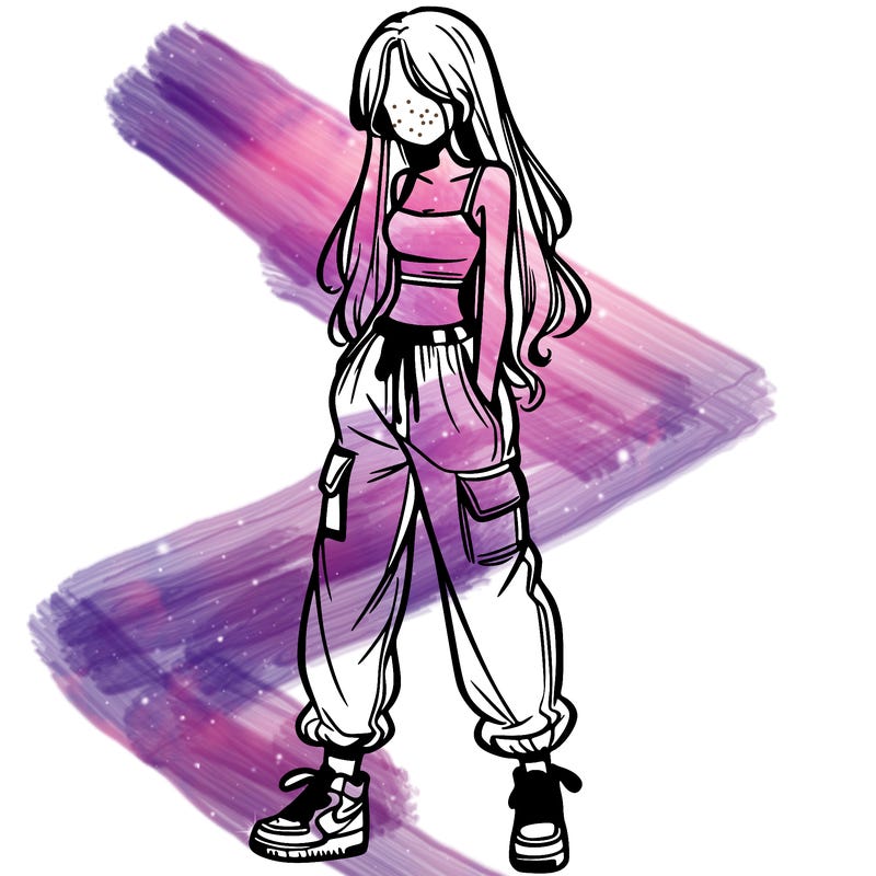 girl in baggy pants crop top and long hair