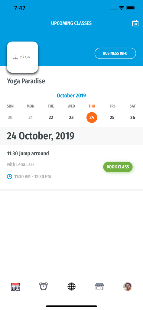 StudioBookings - StudioBookings app screen showing upcoming yoga class schedule with a book class button