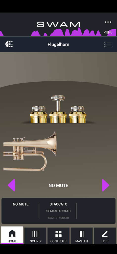 SWAM Flugelhorn app home screen showing the virtual brass instrument and performance controls
