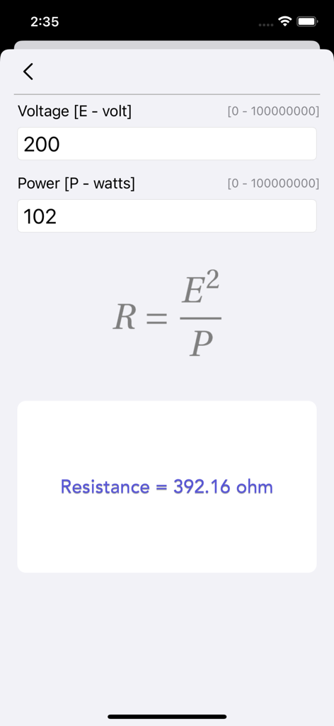 Ohm Law Calculator - Interfaz de la aplicación Calculadora Ley de Ohm mostrando un cálculo de resistencia basado en entradas de voltaje y potencia