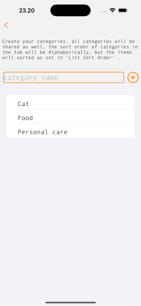Dosmo - Interface of Dosmo app for creating and managing custom shopping list categories like Food and Personal Care
