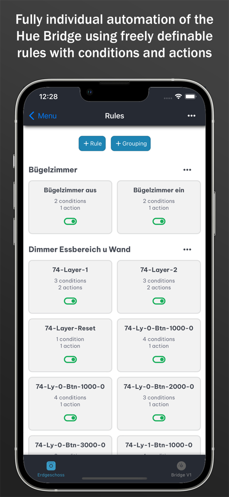조건 및 동작이 포함된 스마트 조명용 고급 자동화 규칙을 보여주는 all 4 hue 앱의 인터페이스