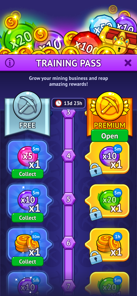 Mining Empire: Get Idle Gold - Interfaz del pase de entrenamiento de Mining Empire que muestra pistas de recompensas gratuitas y premium para la progresión