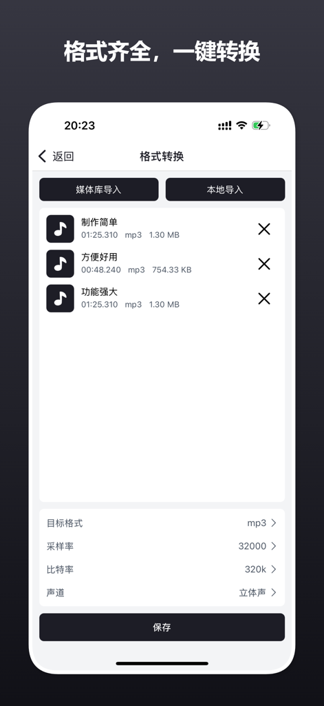 Mobile interface for converting audio formats with customizable bitrate and sample rate