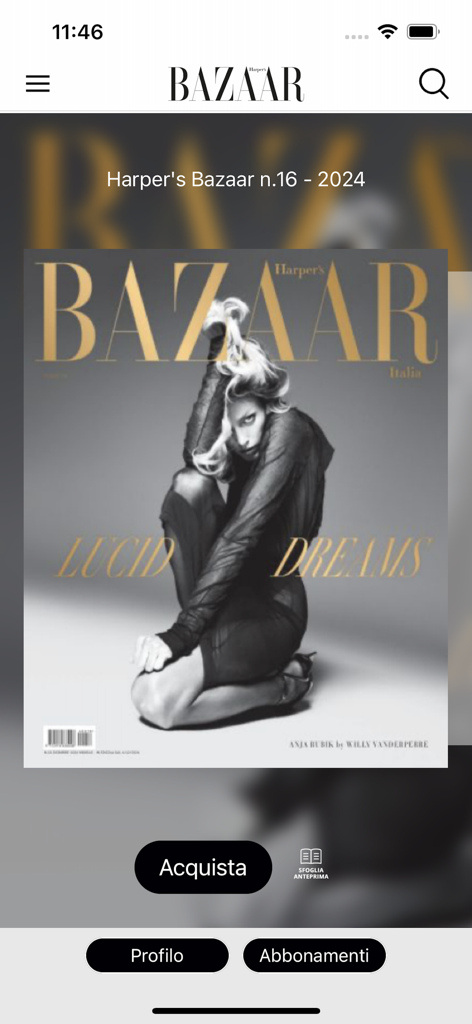 La app Harper's Bazaar Italia mostrando la portada de una revista digital