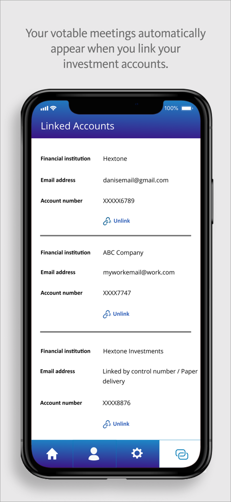 ProxyVote: Your Voice Matters - ProxyVote app screen showing a list of linked financial institution accounts for centralized proxy voting management