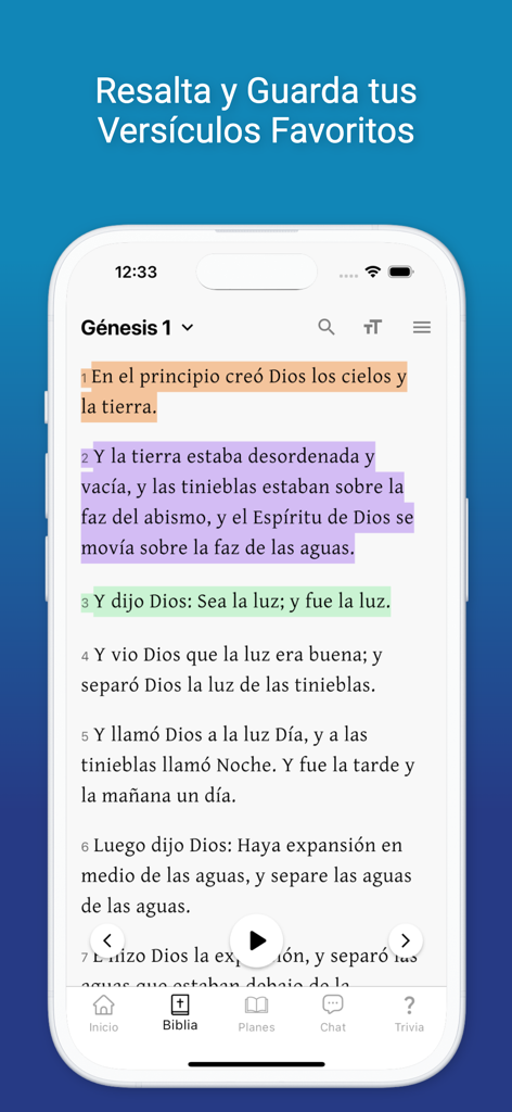 La Biblia Reina Valera 1960 IA - Pantalla de la app Biblia Reina Valera 1960 mostrando versiculos de Genesis con resaltados de colores