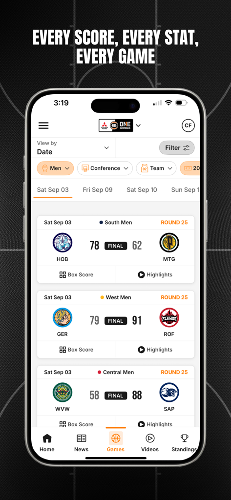 NBL1 - NBL1 mobile app screen displaying professional basketball game scores and results.