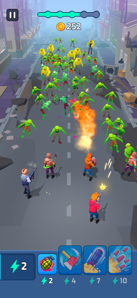 Idle Defense Survival - A squad of survivors using flamethrowers and guns to fight a massive green zombie horde on a city street.