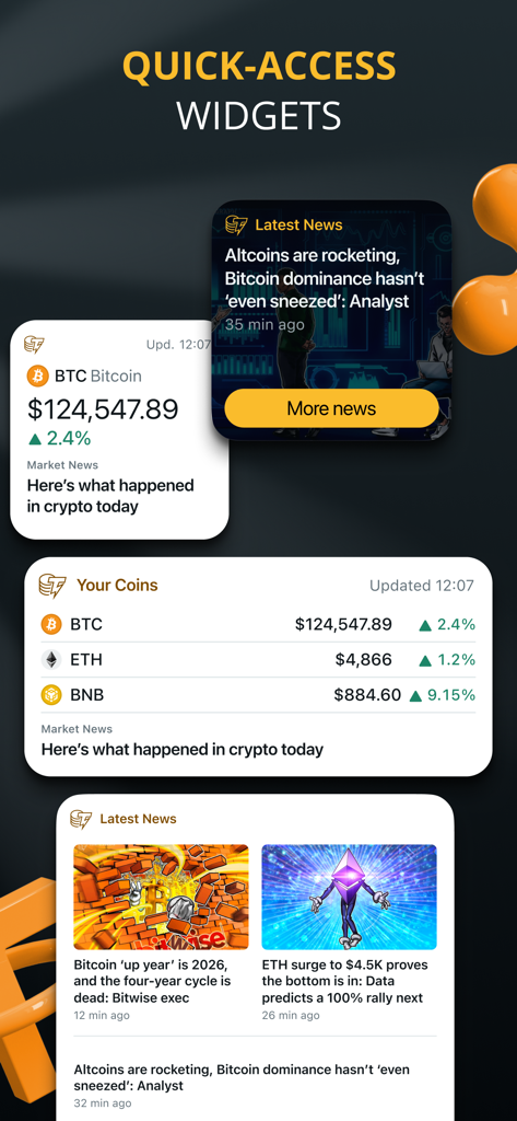 Widgets móviles que muestran precios de criptomonedas y las últimas actualizaciones de noticias