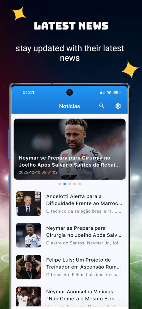 FutBR - futebol Ao Vivo - Schermata dello smartphone che mostra le ultime notizie e i titoli del calcio sull'app mobile FutBR.