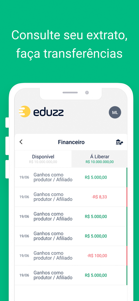 Financial dashboard of the Eduzz app displaying earnings and balance for digital business owners