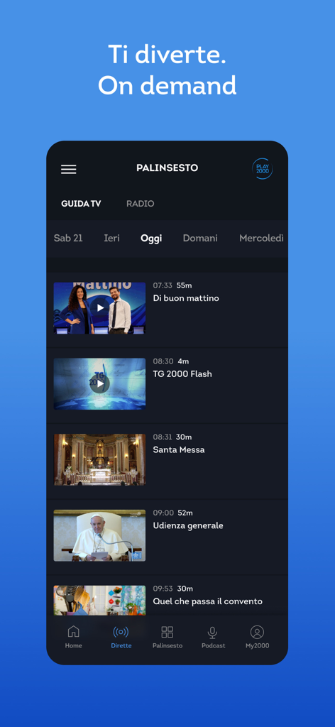 Play2000 - Tela do aplicativo Play2000 mostrando a guia de TV diária com programas religiosos e notícias