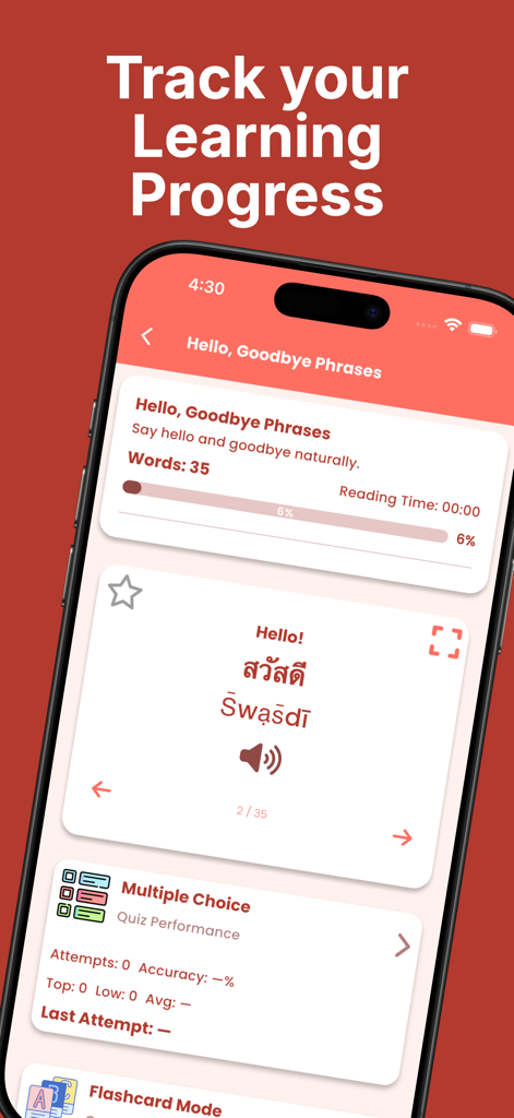 Thai language app interface showing learning progress and greetings flashcards