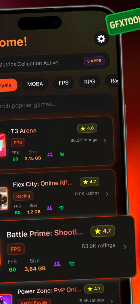 GFX Pro Headshot Game Booster - A list of mobile games with FPS and storage size requirements in the GFX Pro app interface