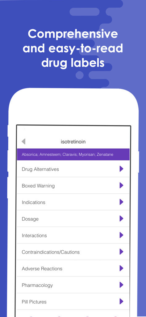 MedTap app interface showing a comprehensive drug label menu with categories like dosage and interactions