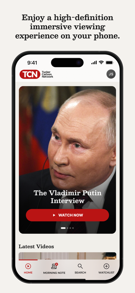 The TCN app home screen on an iPhone featuring the Vladimir Putin interview video with a high definition viewing experience