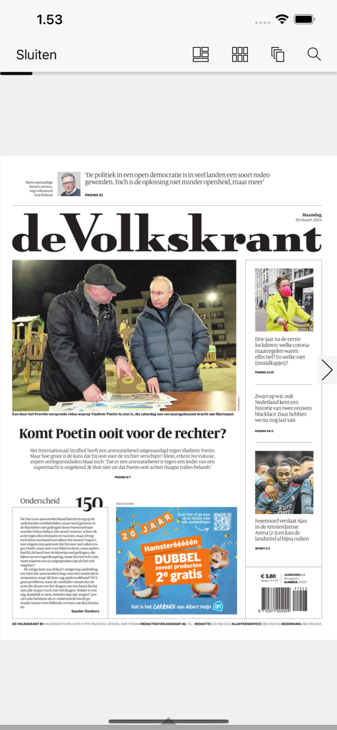 Une du journal de Volkskrant dans son édition numérique de l'application.