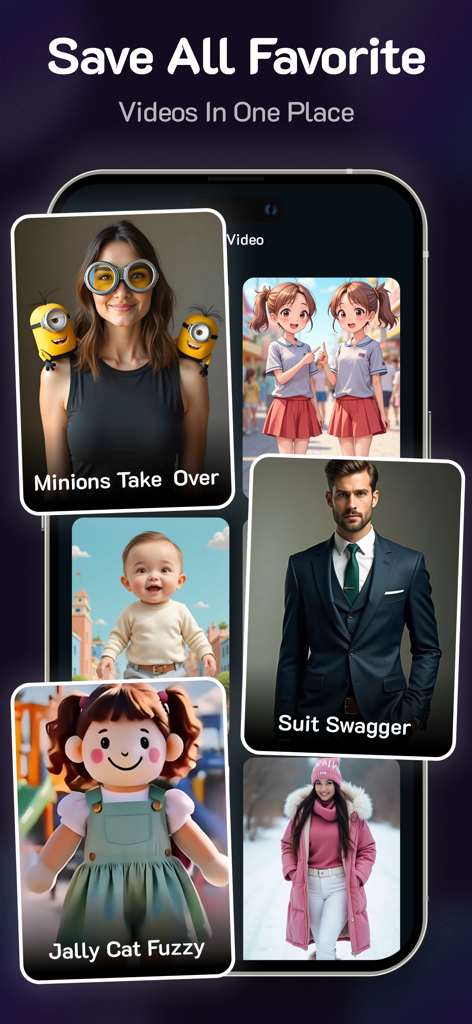 Twerk Video : Fuzzy Ai - Uma tela de aplicativo móvel mostrando uma coleção de vídeos favoritos gerados por IA com vários efeitos de personagem