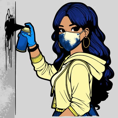 realistic girl with mask spray painting a wall