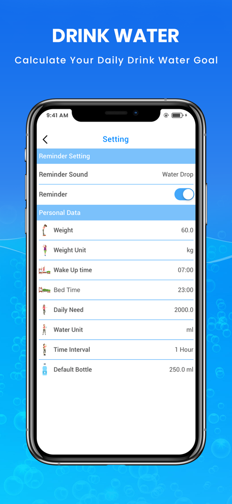 Aqualert : Stay Hydrated - The settings screen of the Aqualert app on an iPhone showing personal data fields for weight and daily water intake goals.