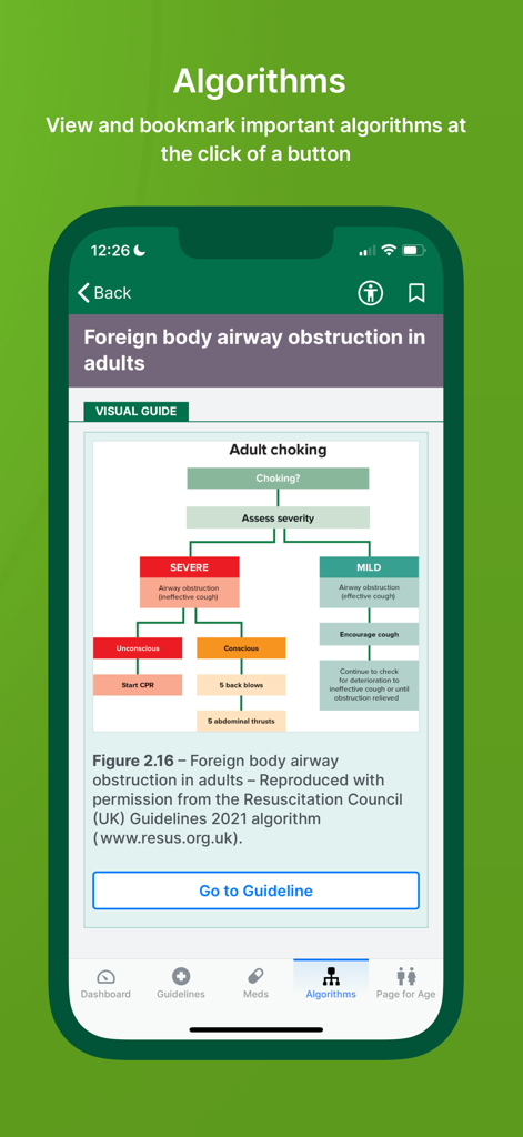 JRCALC PLUS - JRCALC PLUS app showing a clinical algorithm for foreign body airway obstruction in adults.