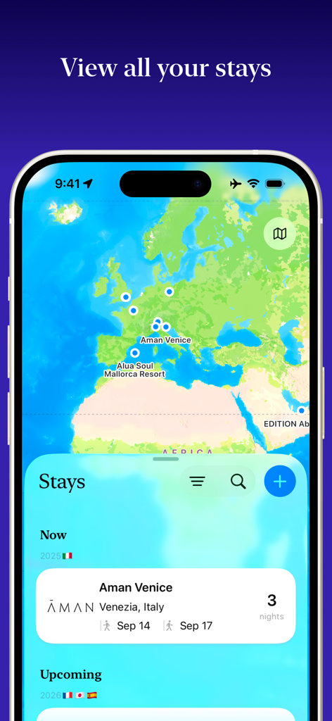 Awaybook: Hotel Tracker - A map interface in the Awaybook app showing pinned hotel stays and details for a stay in Venice.