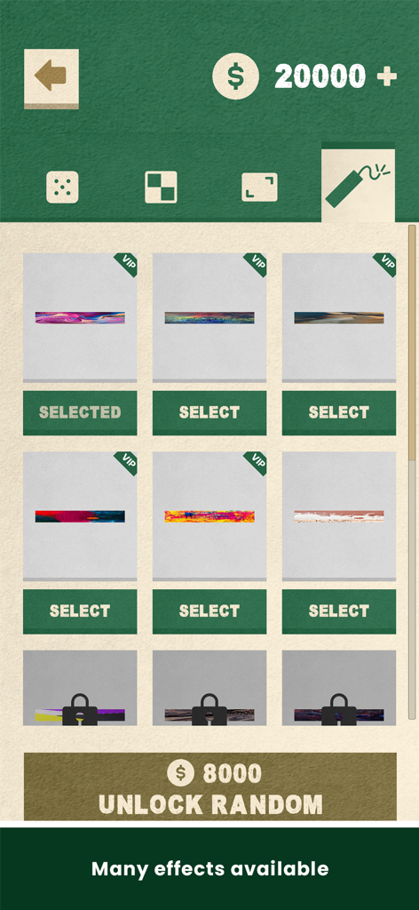 Shut The Box - Dice Board Game - Menú de la tienda del juego que muestra efectos visuales desbloqueables y opciones de personalización VIP para el juego de mesa de dados Shut The Box.