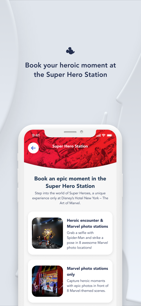 Interface d'application mobile pour réserver une rencontre avec un super-héros Marvel et une séance photo à Disneyland Paris.