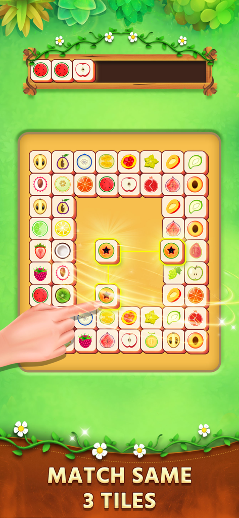 Tile Match - Puzzle - A hand selecting colorful fruit tiles on a game board in Tile Match Puzzle