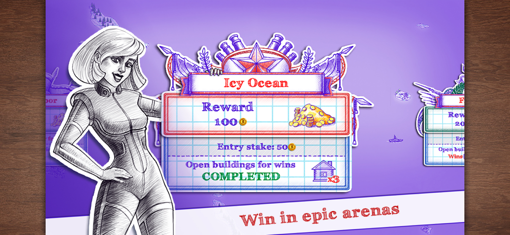 Sea Battle 2 - Sea Battle 2 reward screen for the Icy Ocean arena featuring a hand-drawn character and game currency
