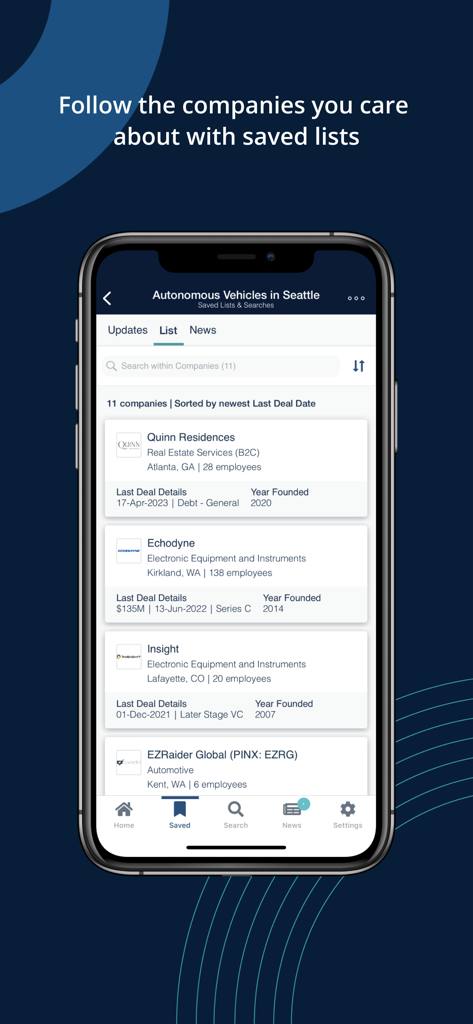 PitchBook Mobile app screen showing a saved list of companies with financial deal details and funding data