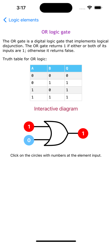 Electronic Circuits Calc Pro - OR logic gate description with truth table and interactive circuit diagram.