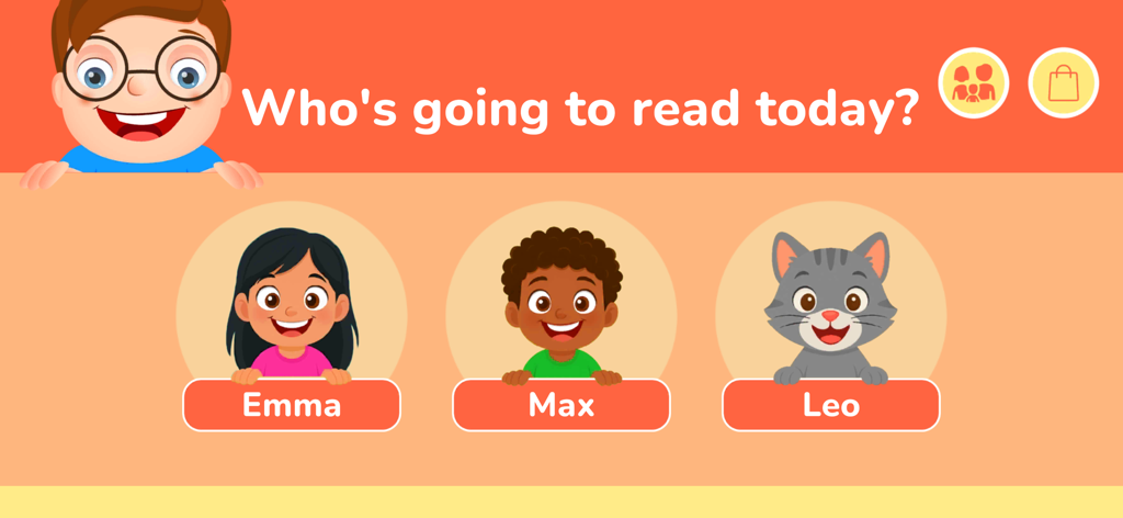 I Read: Reading Comprehension - I Read app profile selection screen showing three avatars named Emma Max and Leo
