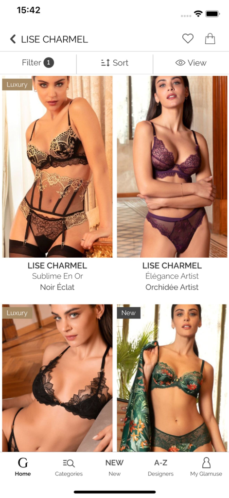Glamuse – Lingerie - Lise Charmel luxury lingerie collection shown on the Glamuse app interface.