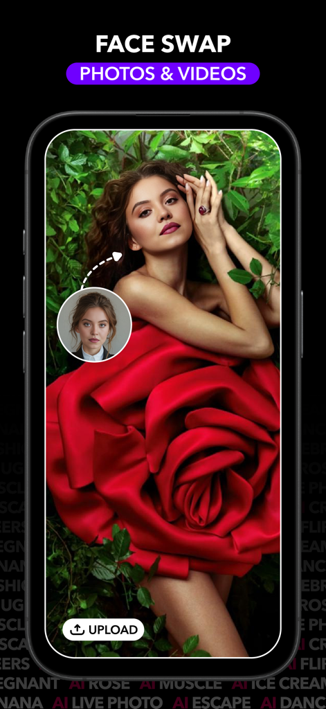 A screenshot of the Facetrix app showing the face swap feature on a photo of a woman wearing a large red rose dress