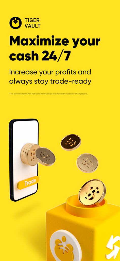 Tiger Trade: Invest Globally - 3D illustration of gold coins flowing into a smartphone for Tiger Vault 24/7 cash management